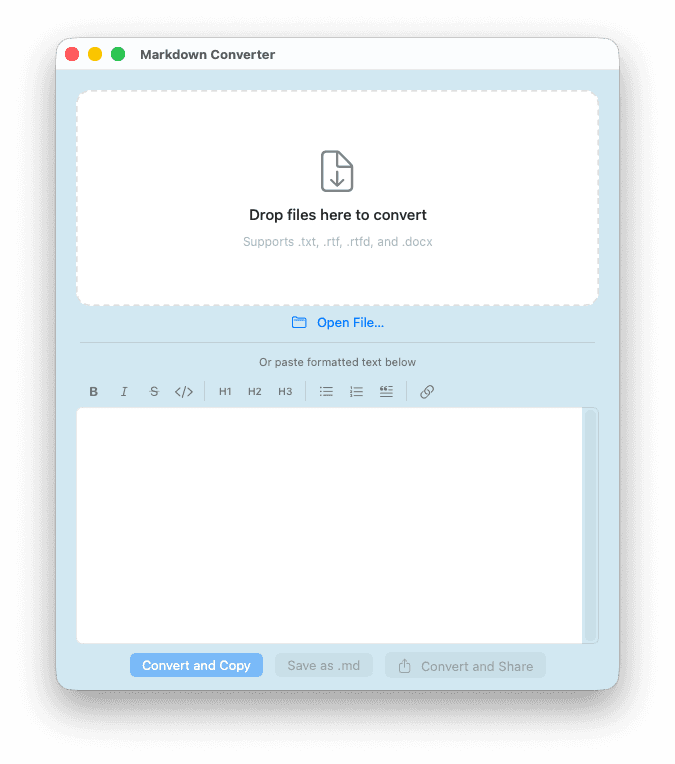 Markdown Converter app — drop zone and supported file types