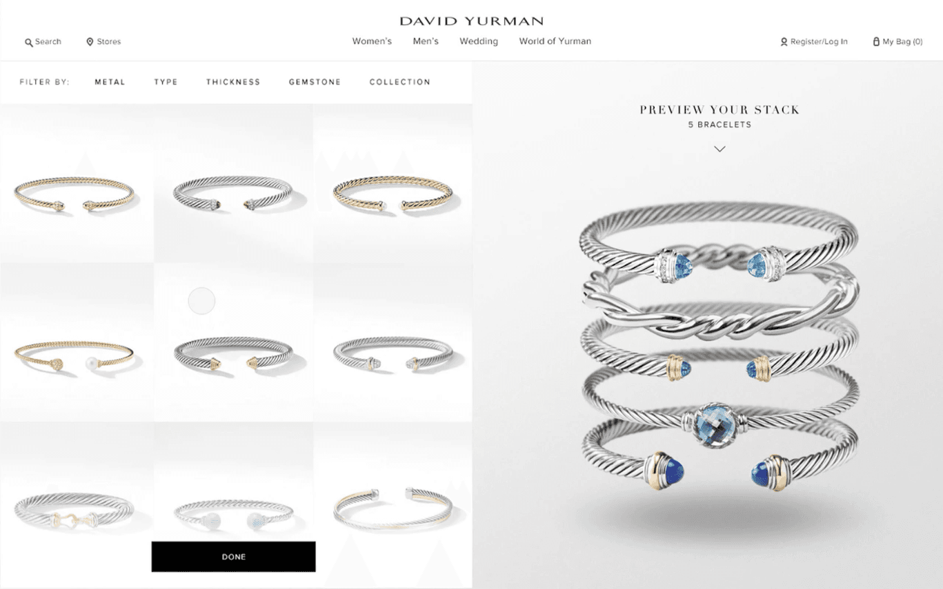 Bracelet Stacker tool: grid of cable bracelets and preview stack interface.