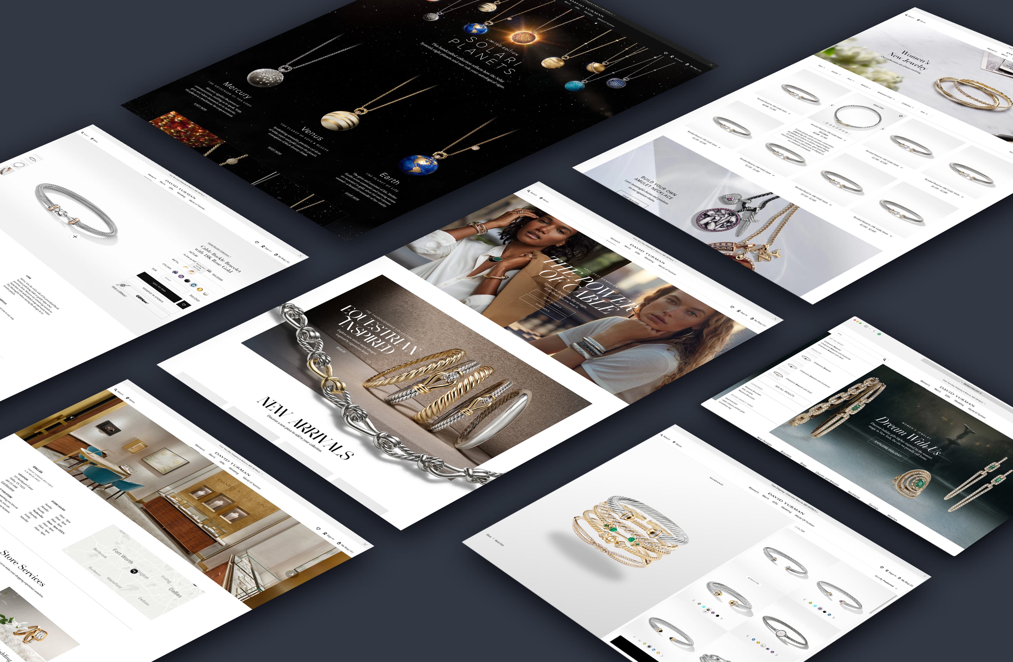 Isometric view of David Yurman site templates and product layouts.