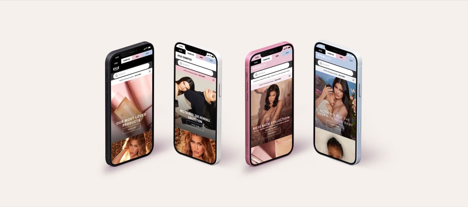 Kylie Beauty mobile experience across four phones