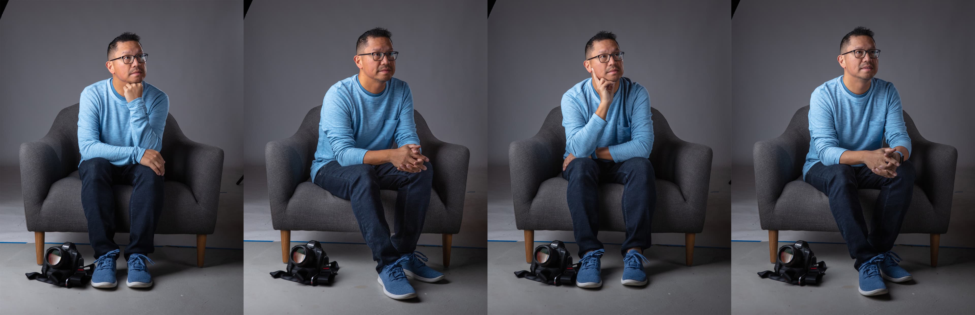 Mark Rosal in four portrait frames, seated