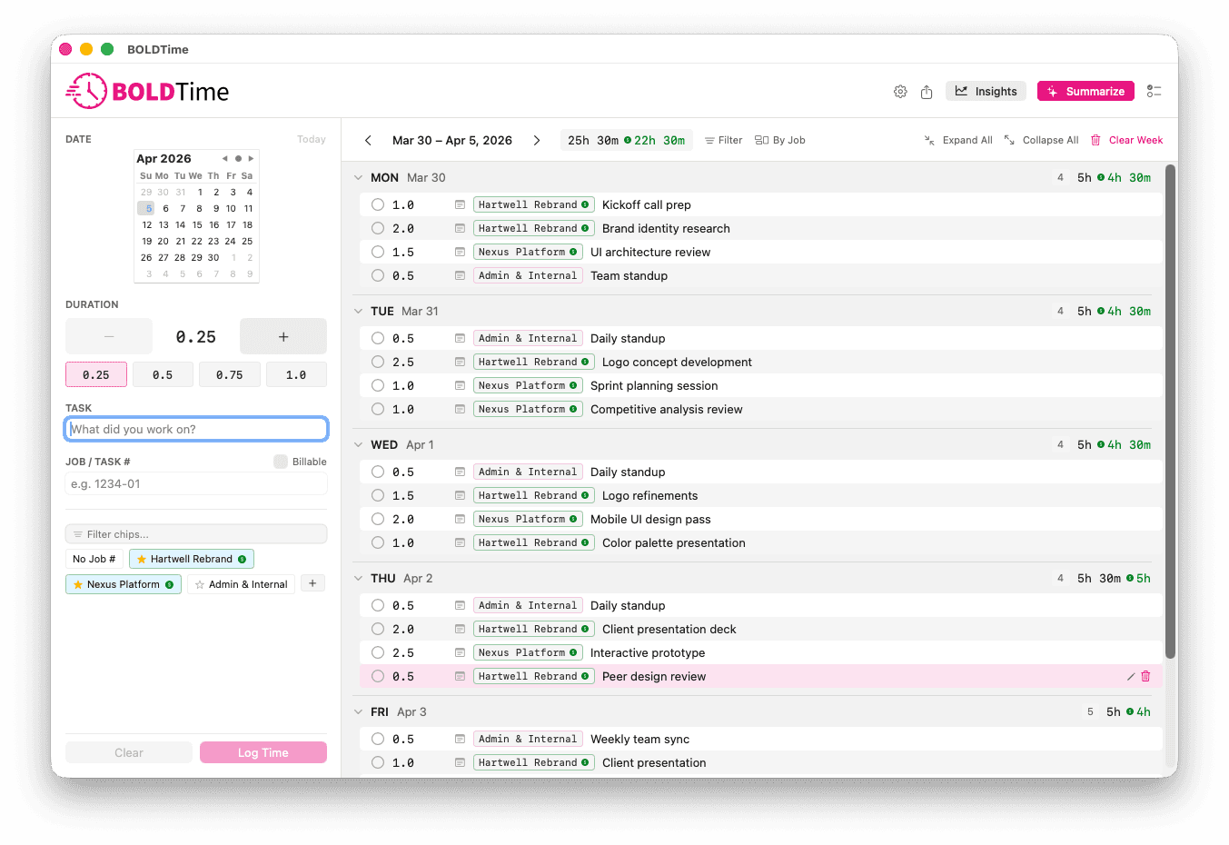 Bold Time app interface — week view, job chips, and time entries
